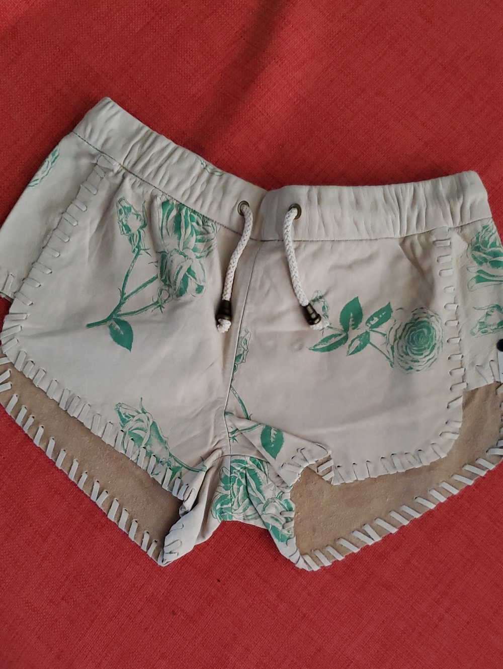 Rare One Teaspoon Handpainted Khaki & Green Floral Drawstring Leather Shorts
